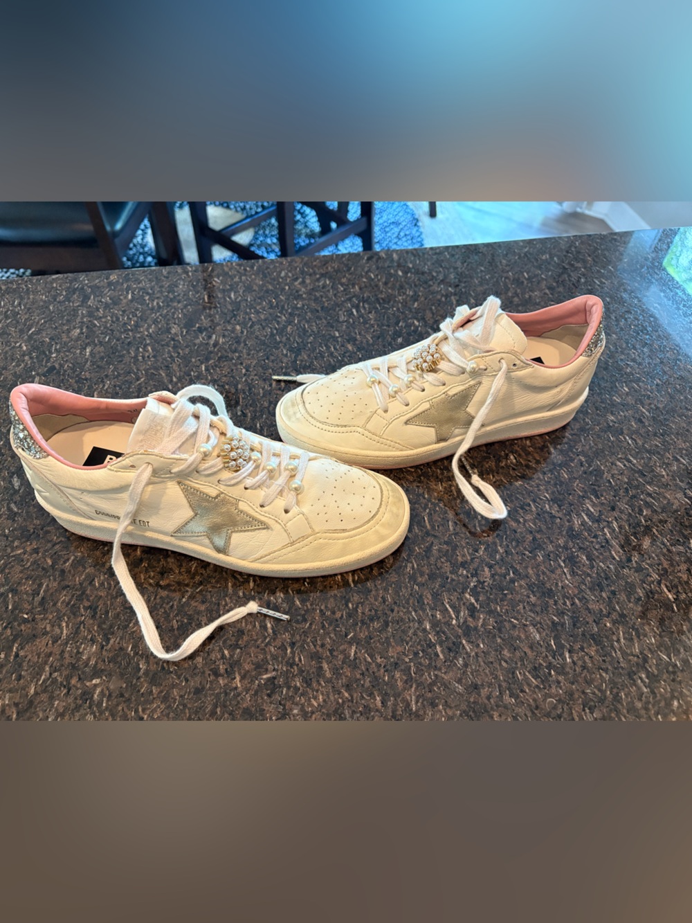 Golden Goose White Leather Sneakers with Silver Star and Pink Lining